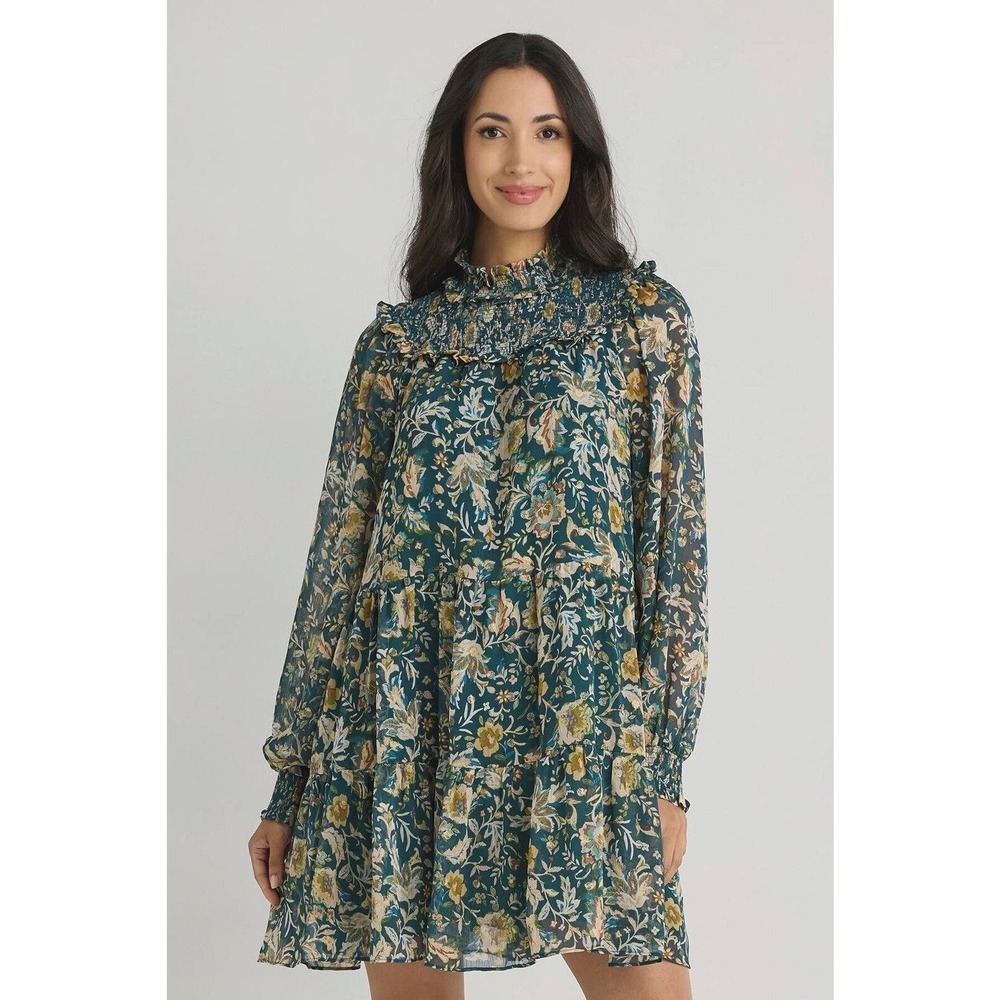 NWT Fate Smocked Paisley Ruffle Mini Dress Long Sleeves Green Sz S
